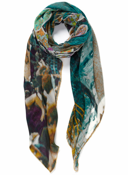 THE FREDDIE SQUARE - Turquoise multicoloured printed modal and cashmere scarf - tied