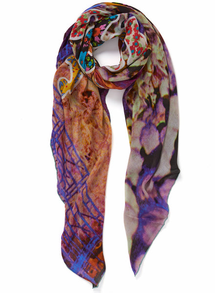 THE FREDDIE SQUARE - Purple multicoloured printed modal and cashmere scarf - tied
