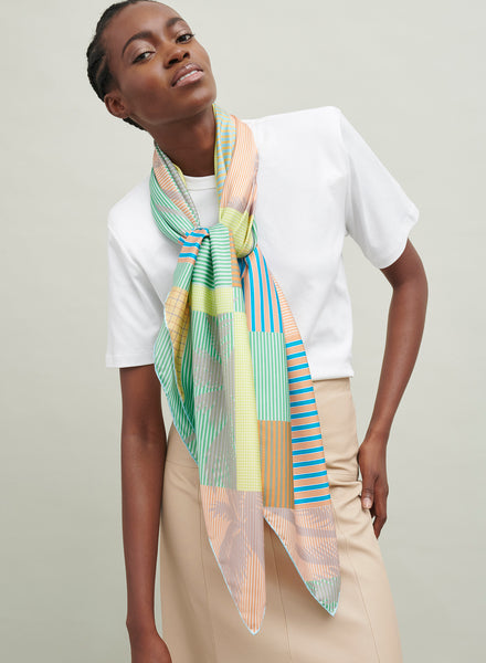 The Paradise Square, yellow, orange and green printed silk twill scarf – model 1