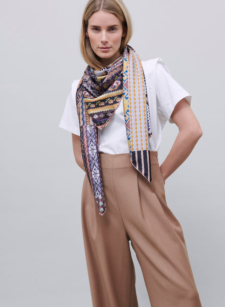 JANE CARR - THE CROCHET SQUARE - Neutral and pastel multicolour printed silk twill scarf - model 1