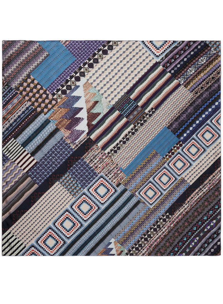 JANE CARR - THE CROCHET SQUARE - Blue multicolour printed silk twill scarf - flat