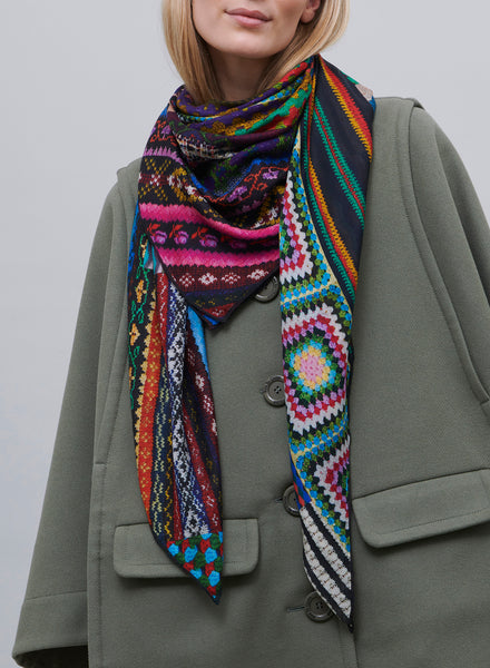 JANE CARR - THE CROCHET SQUARE - Bright multicolour printed modal and cashmere scarf - model 1