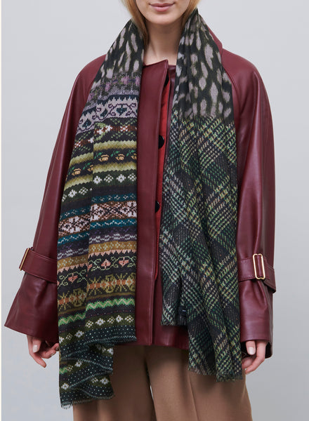 JANE CARR - THE PIPER WRAP - Green and brown printed modal and cashmere scarf - model 1