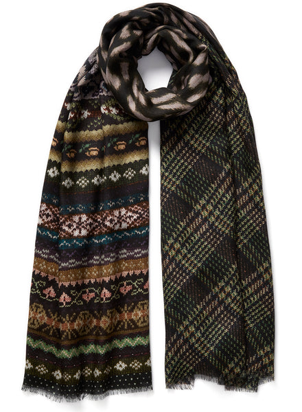 JANE CARR - THE PIPER WRAP - Green and brown printed modal and cashmere scarf - tied