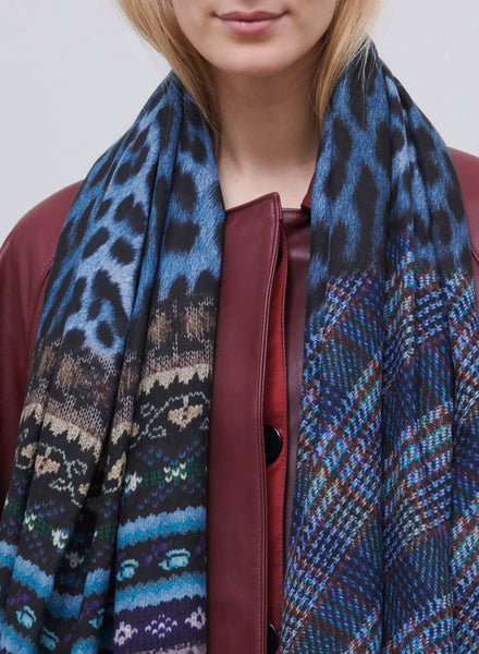 JANE CARR - THE PIPER WRAP - Blue, purple and brown printed modal and cashmere scarf - model 1