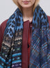 JANE CARR - THE PIPER WRAP - Blue, purple and brown printed modal and cashmere scarf - model 1