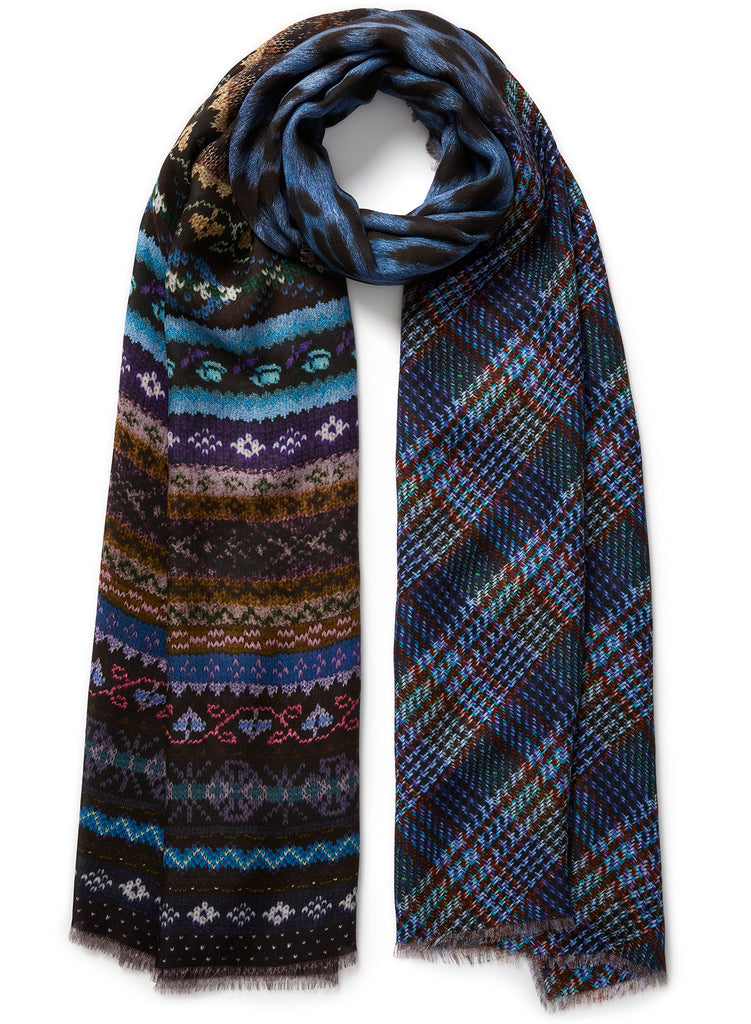 JANE CARR - THE PIPER WRAP - Blue, purple and brown printed modal and cashmere scarf - tied