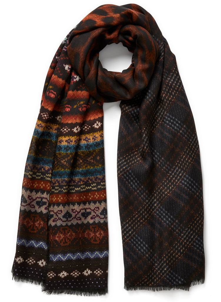 JANE CARR - THE PIPER WRAP - Dark blue and brown multicolour printed modal and cashmere scarf - tied