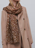 JANE CARR - THE OPERA WRAP - Golden brown printed modal and cashmere scarf - model 1