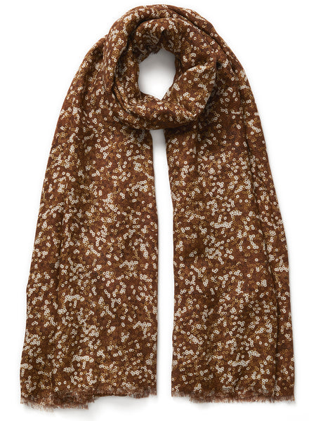 JANE CARR - THE OPERA WRAP - Golden brown printed modal and cashmere scarf - tied