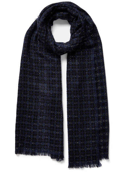 JANE CARR, THE TILE SCARF - Navy and black checked cashmere scarf with silver Lurex - tied