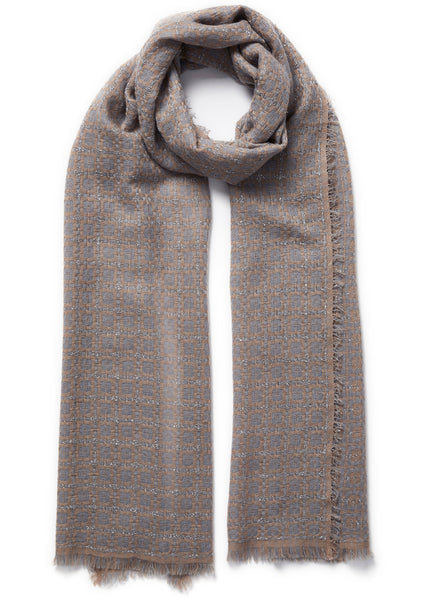 JANE CARR, THE TILE SCARF - Camel and grey checked cashmere scarf with silver Lurex - tied