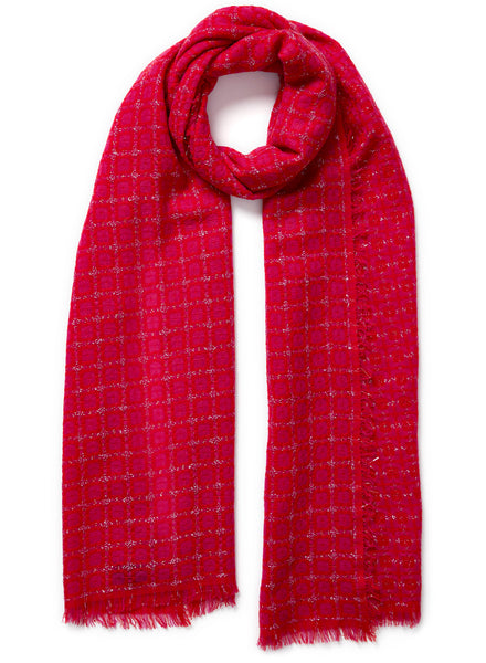 JANE CARR, THE TILE SCARF - Bright pink and red checked cashmere scarf with silver Lurex - tied