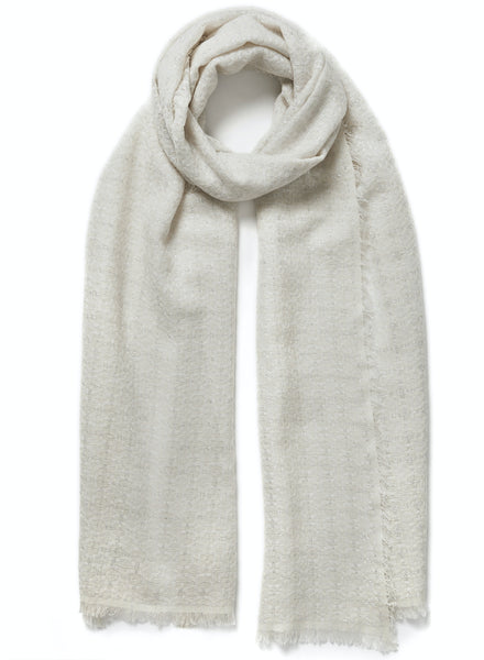 JANE CARR, THE TILE SCARF - White and ivory checked cashmere scarf with silver Lurex - tied