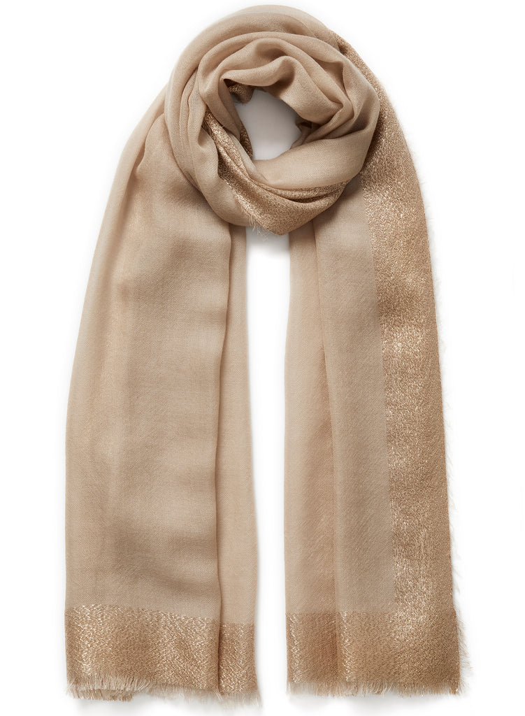 JANE CARR - THE ARGENT WRAP - Warm beige pure cashmere scarf with gold metallic border - tied
