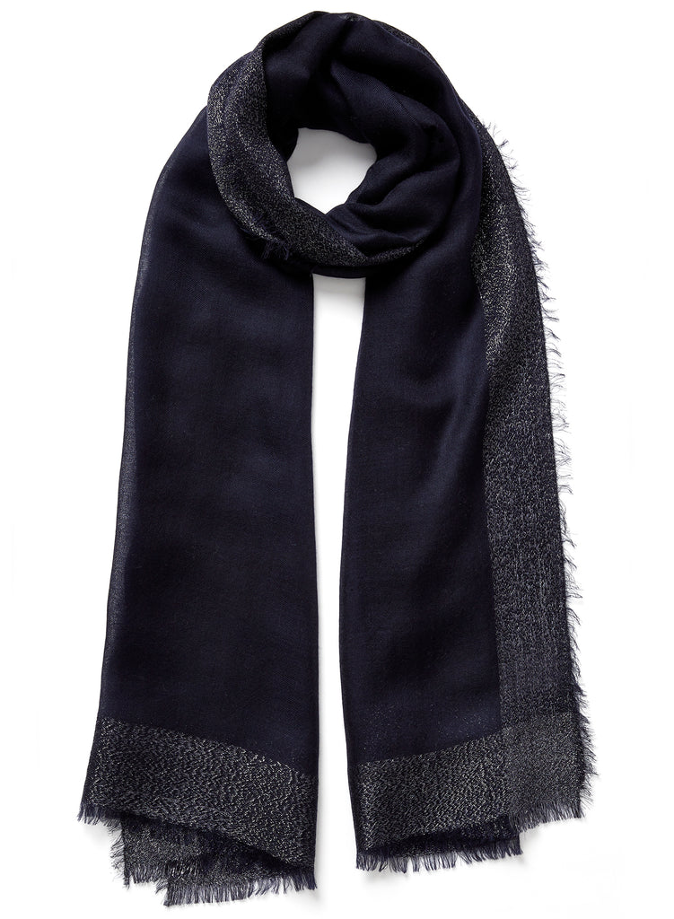 JANE CARR - THE ARGENT WRAP - Navy pure cashmere scarf with dark silver metallic border - tied