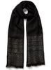 JANE CARR, THE TANGO SCARF - Black pure cashmere scarf with multicoloured metallic stripes - tied