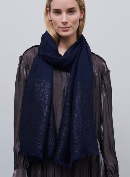 JANE CARR - THE TANGO SCARF - Navy pure cashmere scarf with black metallic stripes - model