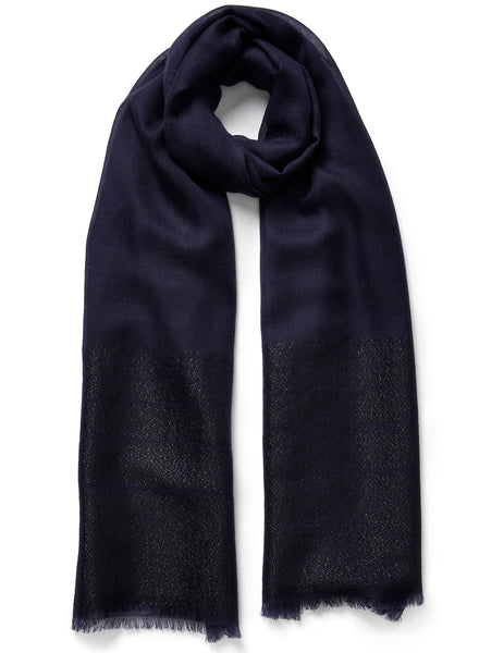 JANE CARR - THE TANGO SCARF - Navy pure cashmere scarf with black metallic stripes - tied