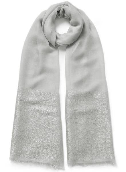 JANE CARR - THE TANGO SCARF - Pale grey pure cashmere scarf with silver metallic stripes - tied