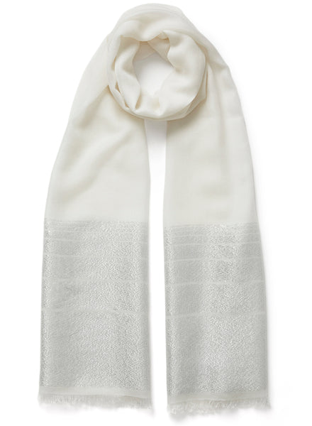 JANE CARR - THE TANGO SCARF - White pure cashmere scarf with silver metallic stripes - tied