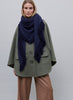 JANE CARR, THE CHALET SQUARE - Dark blue fringed pure cashmere scarf - model