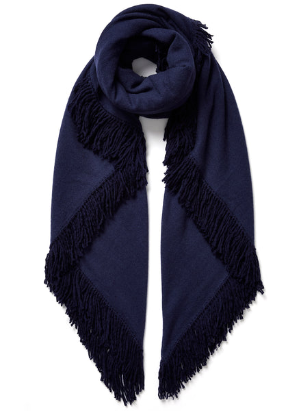 JANE CARR, THE CHALET SQUARE - Dark blue fringed pure cashmere scarf - tied