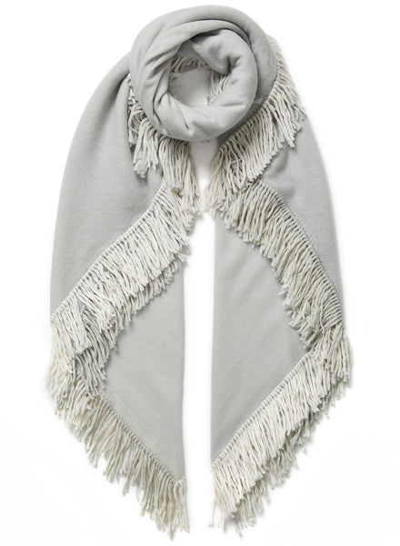 JANE CARR, THE CHALET SQUARE - Pale grey fringed pure cashmere scarf - tied