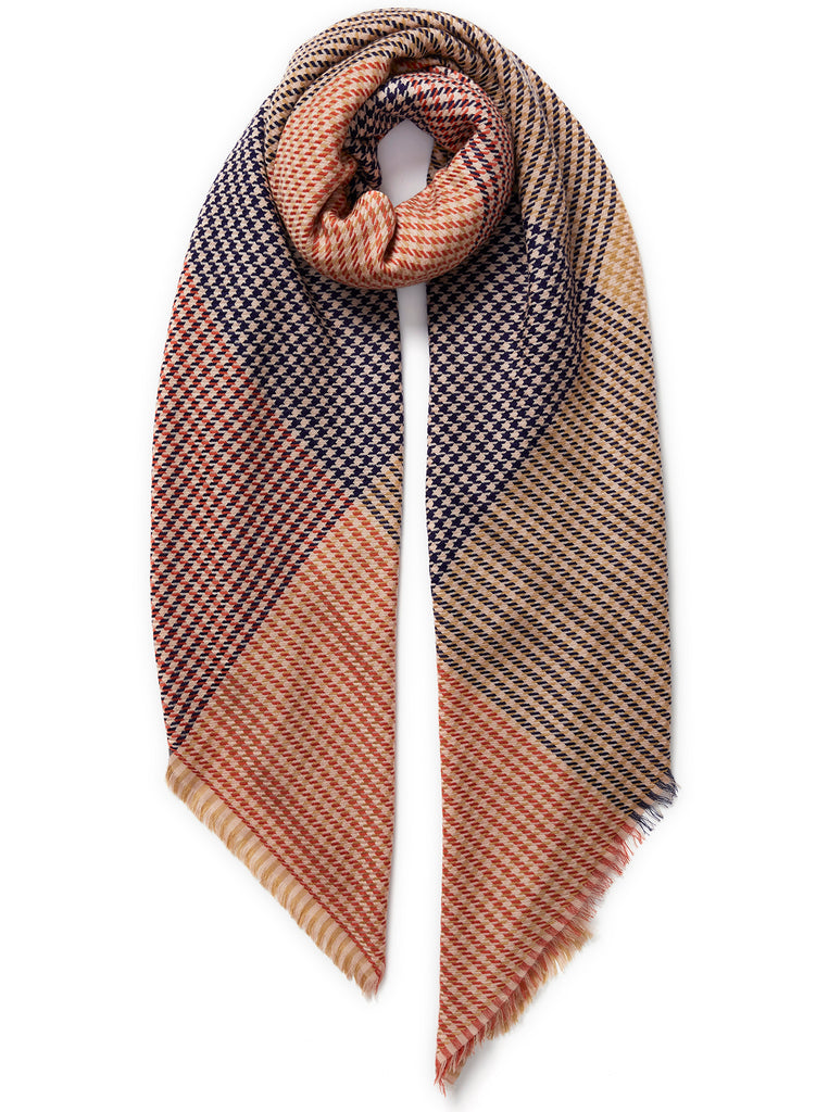 JANE CARR, THE JENGA SQUARE - Camel, orange and navy checked lambswool scarf - tied