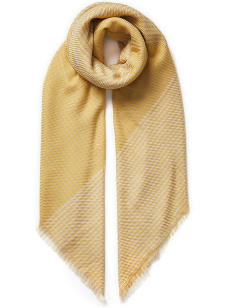 JANE CARR, THE JENGA SQUARE - Yellow and neutral checked lambswool scarf - tied