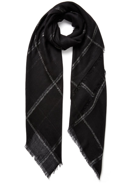 JANE CARR, THE LATTICE SQUARE - Black cashmere scarf with tonal silver metallic check - tied