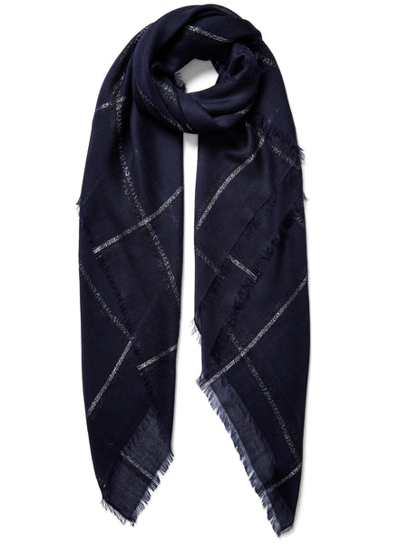 JANE CARR, THE LATTICE SQUARE - Navy blue cashmere scarf with tonal silver metallic check - tied