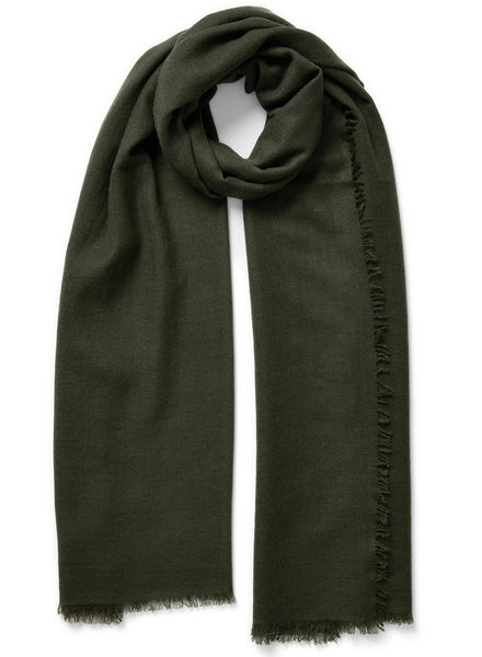 JANE CARR - THE FRAY SCARF - Khaki green woven pure cashmere scarf - tied