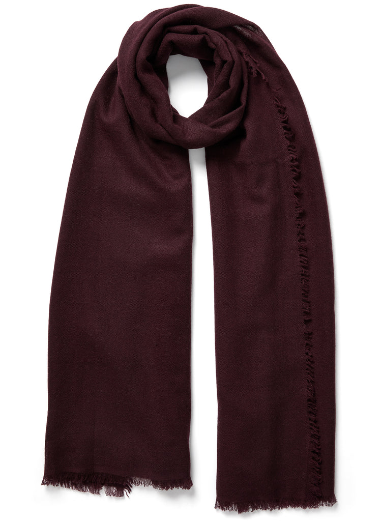 JANE CARR - THE FRAY SCARF - Burgundy woven pure cashmere scarf - tied