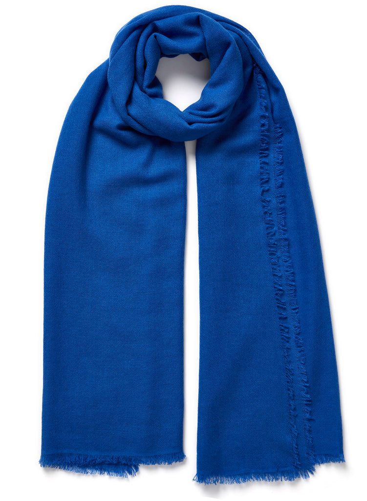 JANE CARR, THE FRAY SCARF - Royal blue woven pure cashmere scarf - tied