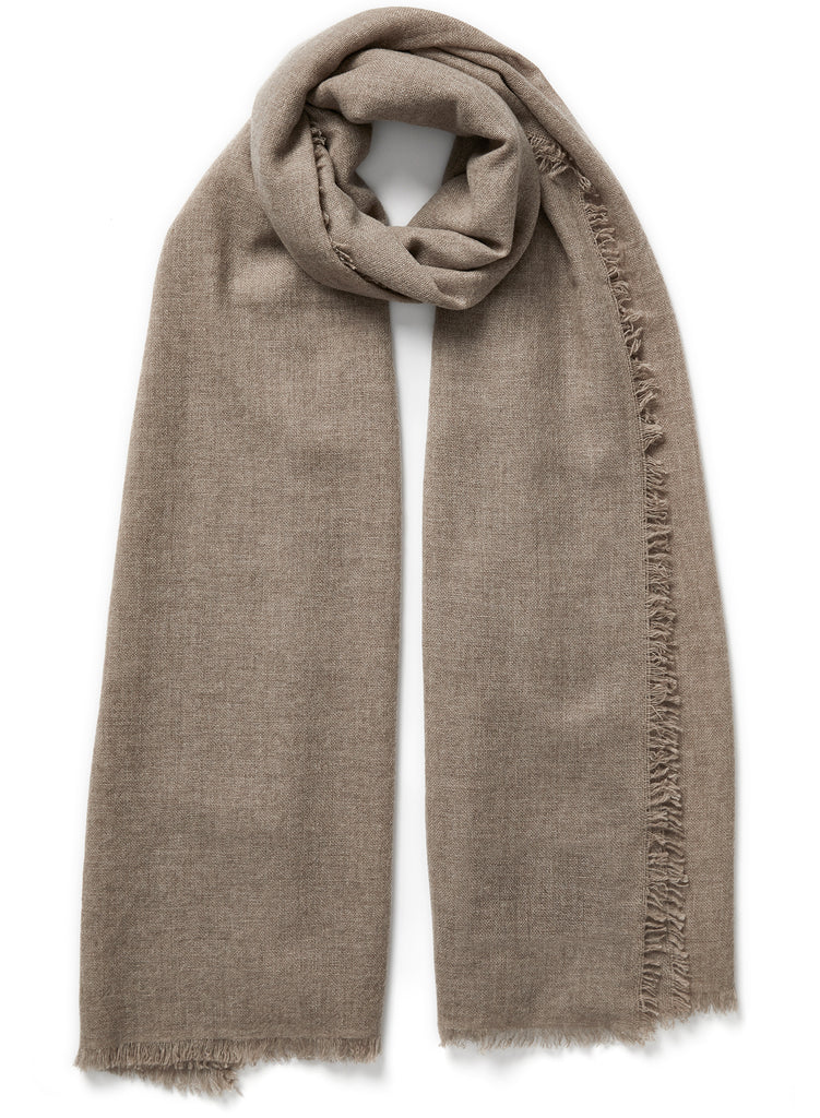 JANE CARR, THE FRAY SCARF - Taupe woven pure cashmere scarf - tied