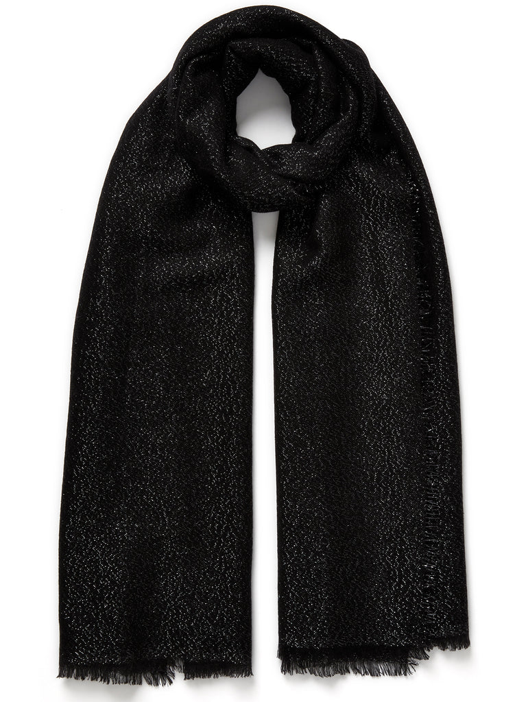 JANE CARR, THE COSMOS SCARF - Black cashmere scarf with silver Lurex - tied