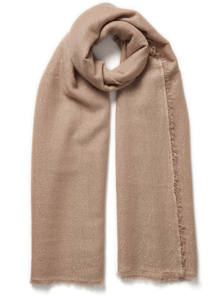 JANE CARR - THE COSMOS SCARF - Pale pink cashmere scarf with rose gold Lurex - tied