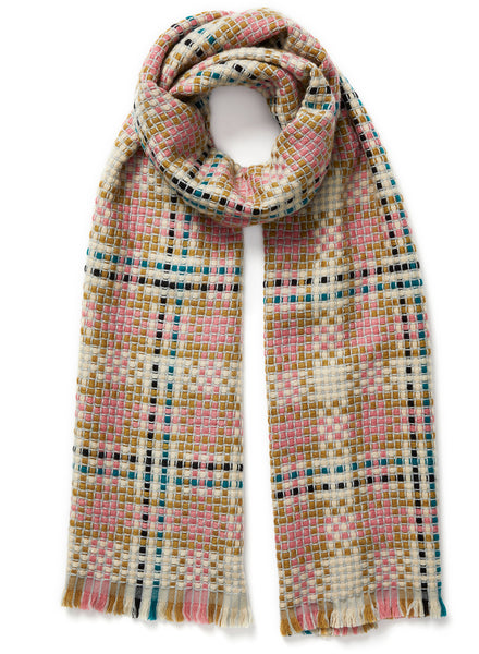 JANE CARR, THE PLAID SCARF - Pink and neutral checked wool and cashmere scarf - tied
