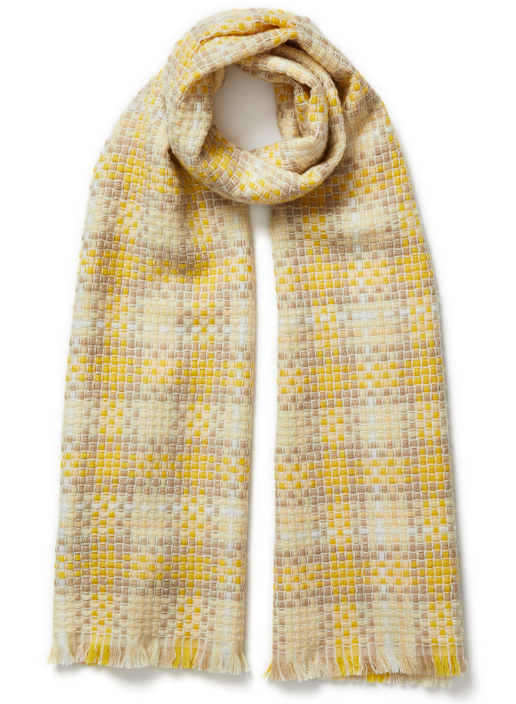 JANE CARR, THE PLAID SCARF - Yellow and neutral checked wool and cashmere scarf - tied