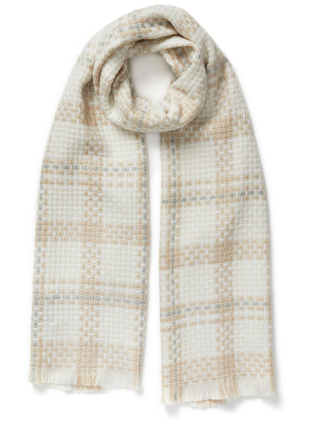 JANE CARR, THE PLAID SCARF - Natural checked wool and cashmere scarf - tied