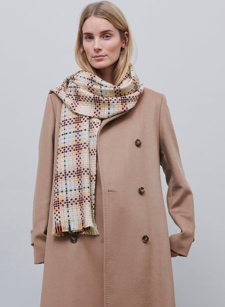JANE CARR, THE PLAID SCARF - Burgundy and neutral checked wool and cashmere scarf - model