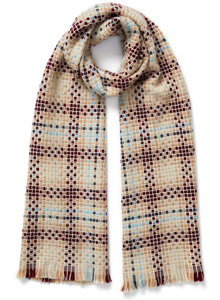 JANE CARR, THE PLAID SCARF - Burgundy and neutral checked wool and cashmere scarf - tied