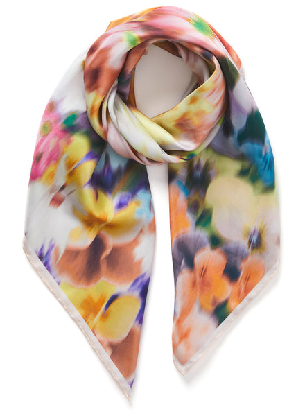 THE JARDINIER FOULARD - Peachy multicolour printed silk twill scarf - tied