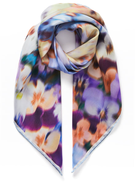 THE JARDINIER FOULARD - Blue and purple multicolour printed silk twill scarf - tied