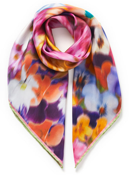 The Bazaar Foulard, pink multicolour printed silk twill scarf – JANECARR