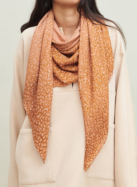 THE LEOPARD SQUARE - Peach and neutral ombré printed modal and cashmere scarf - model