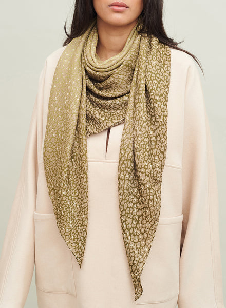 THE LEOPARD SQUARE - Olive green and taupe ombré printed modal and cashmere scarf - model