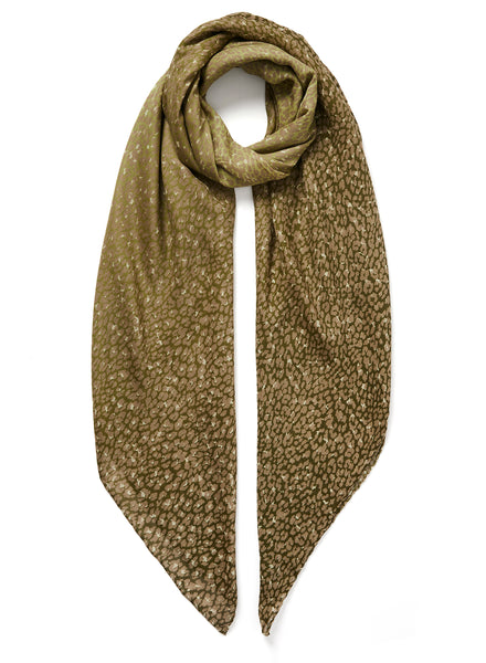 THE LEOPARD SQUARE - Olive green and taupe ombré printed modal and cashmere scarf - tied