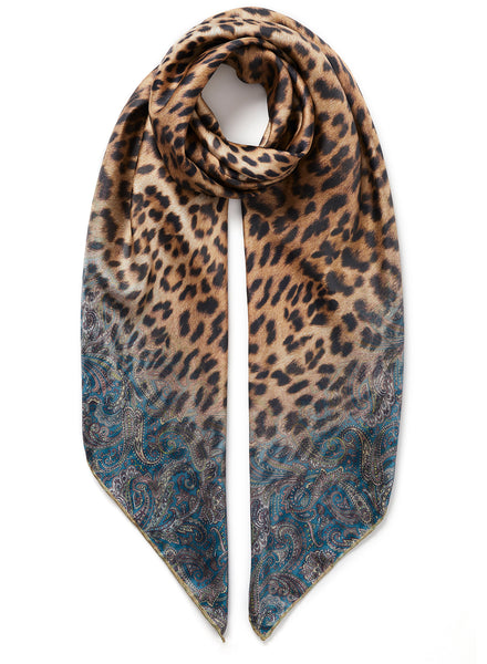 THE MEDINA SQUARE - Golden brown and turquoise printed silk twill scarf - tied